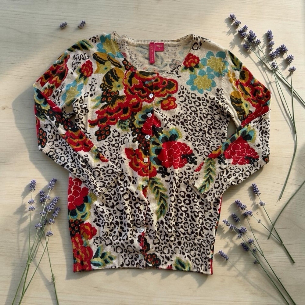 Charlotte Floral Leopard Cardigan Sweater Womens S Mixed Print 3/4 Sleeve Knit